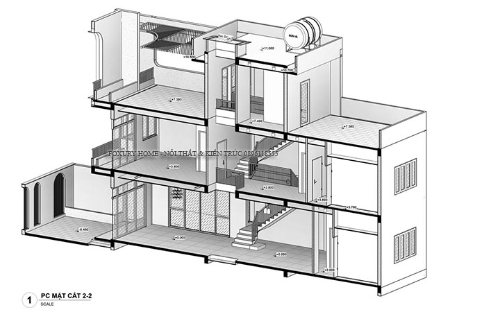 Bản vẽ mặt cắt nhà ống 3 tầng