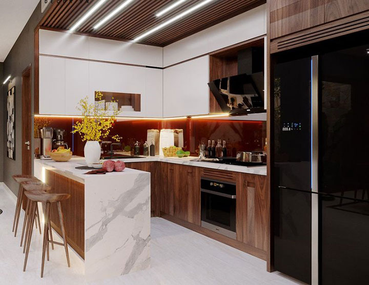 Tủ bếp màu gỗ óc chó