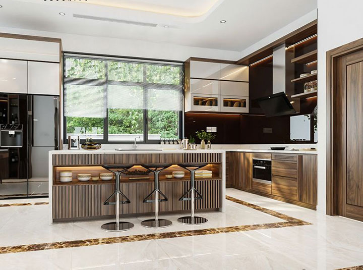 Tủ bếp màu gỗ óc chó