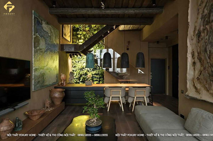 Thiết kế nội thất phòng khách gần gũi với thiên nhiên