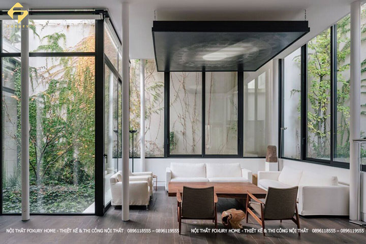 Thiết kế nội thất phòng khách gần gũi với thiên nhiên