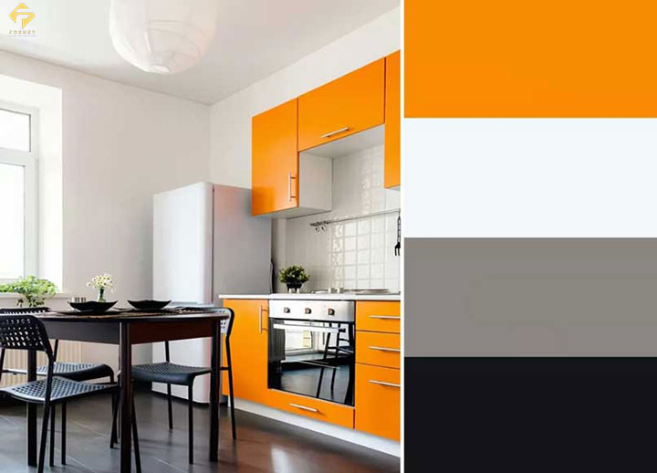 phối màu phòng bếp đen và cam