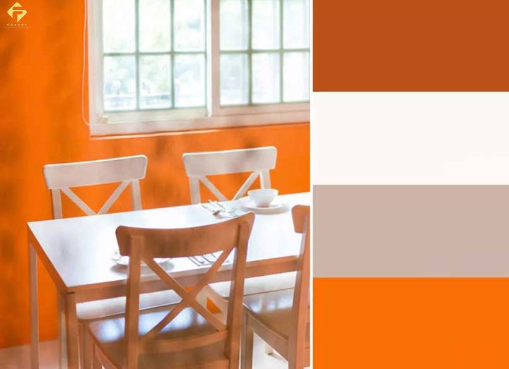 phối màu phòng bếp cam và trắng