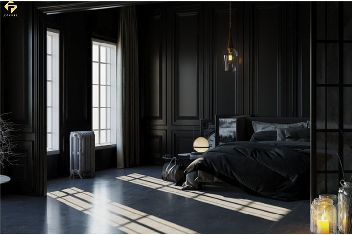 phối màu nội thất phòng ngủ màu đen