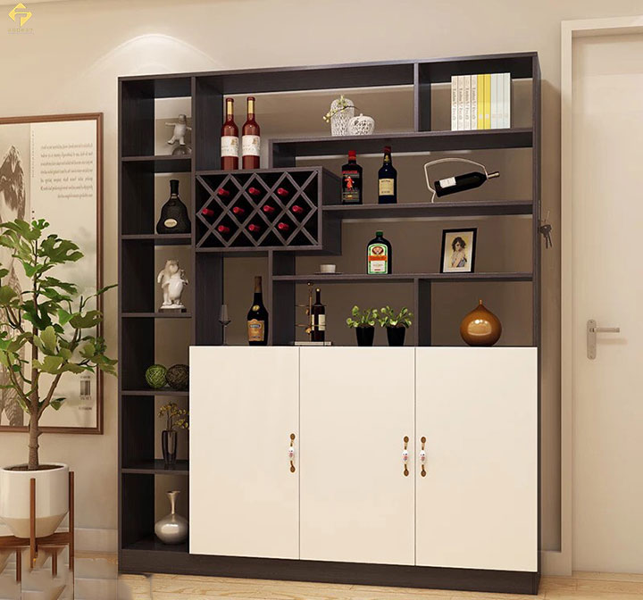 vách ngăn kết hợp tủ rượu gỗ công nghiệp