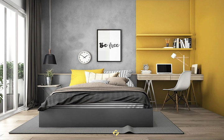 Thiết kế nội thất kết hợp vàng – nâu – xám