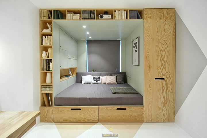 chia đôi phòng ngủ bằng kệ sách