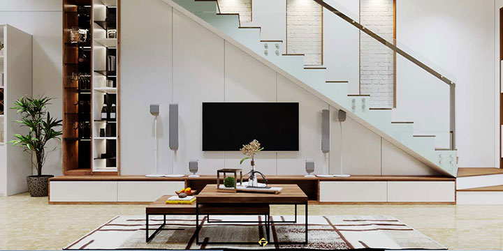 thiết kế kệ tivi dưới gầm cầu thang