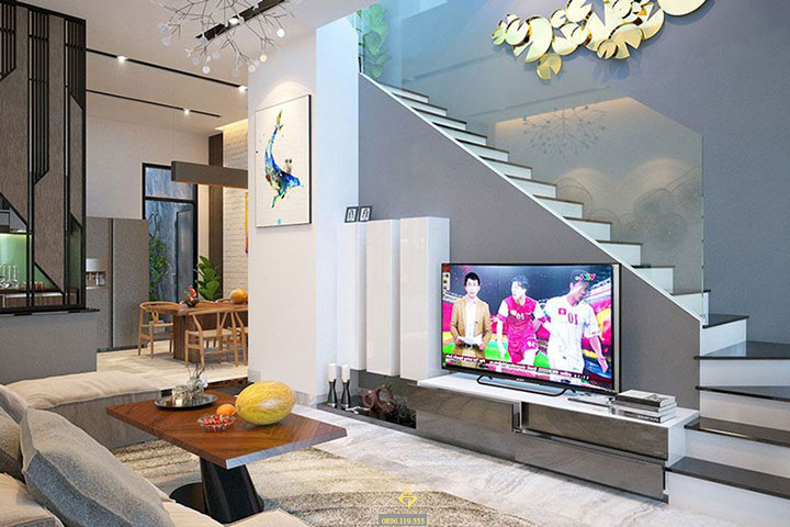 thiết kế kệ tivi dưới gầm cầu thang