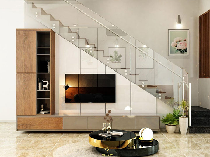 thiết kế kệ tivi dưới gầm cầu thang