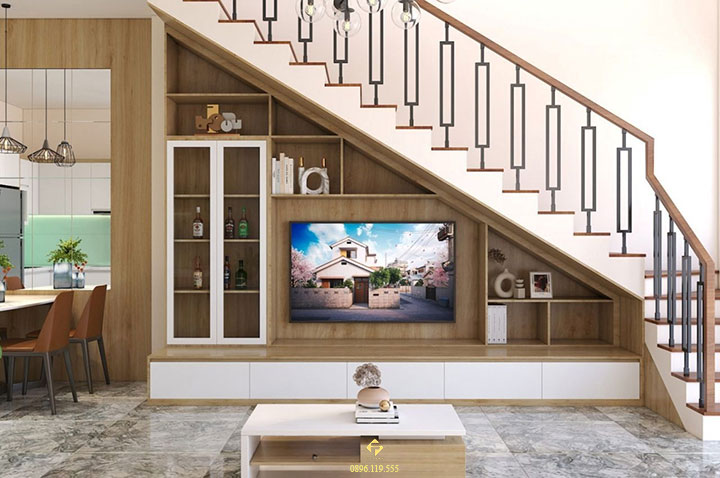 thiết kế kệ tivi dưới gầm cầu thang