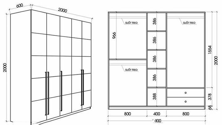 tiêu chuẩn kích thước tủ áo 4 buồng
